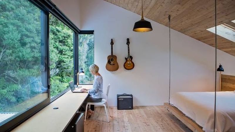 chambre et bureau - Back Country house par David Maurice de LTD Architectura - Puhoi bush - Nouvelle Zélande