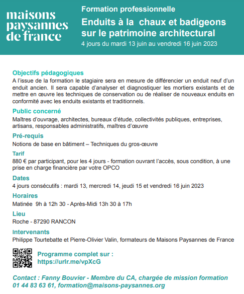 Enduits à la chaux et badigeons sur le patrimoine architectural – Maisons Paysannes – RANCON (FR-87)