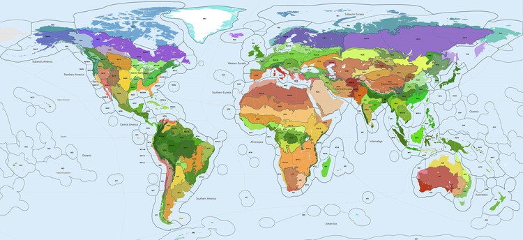 Biorégions 2020 : une nouvelle carte de la Terre créée en croisant des biomes avec des structures géologiques à grande échelle pour délimiter 185 biorégions discrètes. Image © Karl Burkart, Une Terre 
