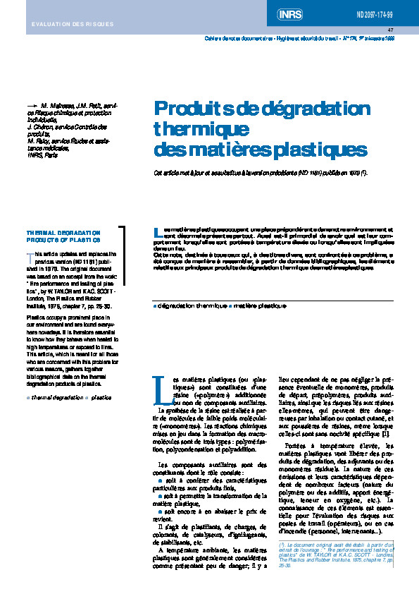 Evaluation des risques produits de dégradation thermique des matières plastiques