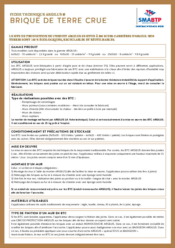 Fiche technique : Brique terre crue Argilus Fiche technique : Brique terre crue Argilus